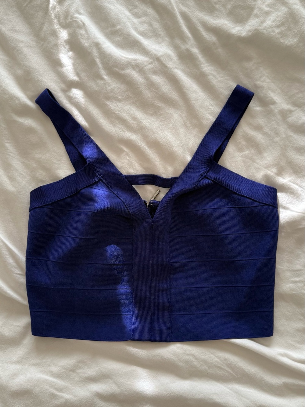 GUESS Mirage Bandage Crop Top in Jewel Blue with Silver Zipper